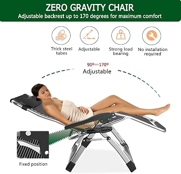 Zero Gravity Chairs,Outdoor Reclining Garden Chair Folding Sunloungers with Cup Holder/Headrest Pillow (A- with grey cushion, Set of 1)