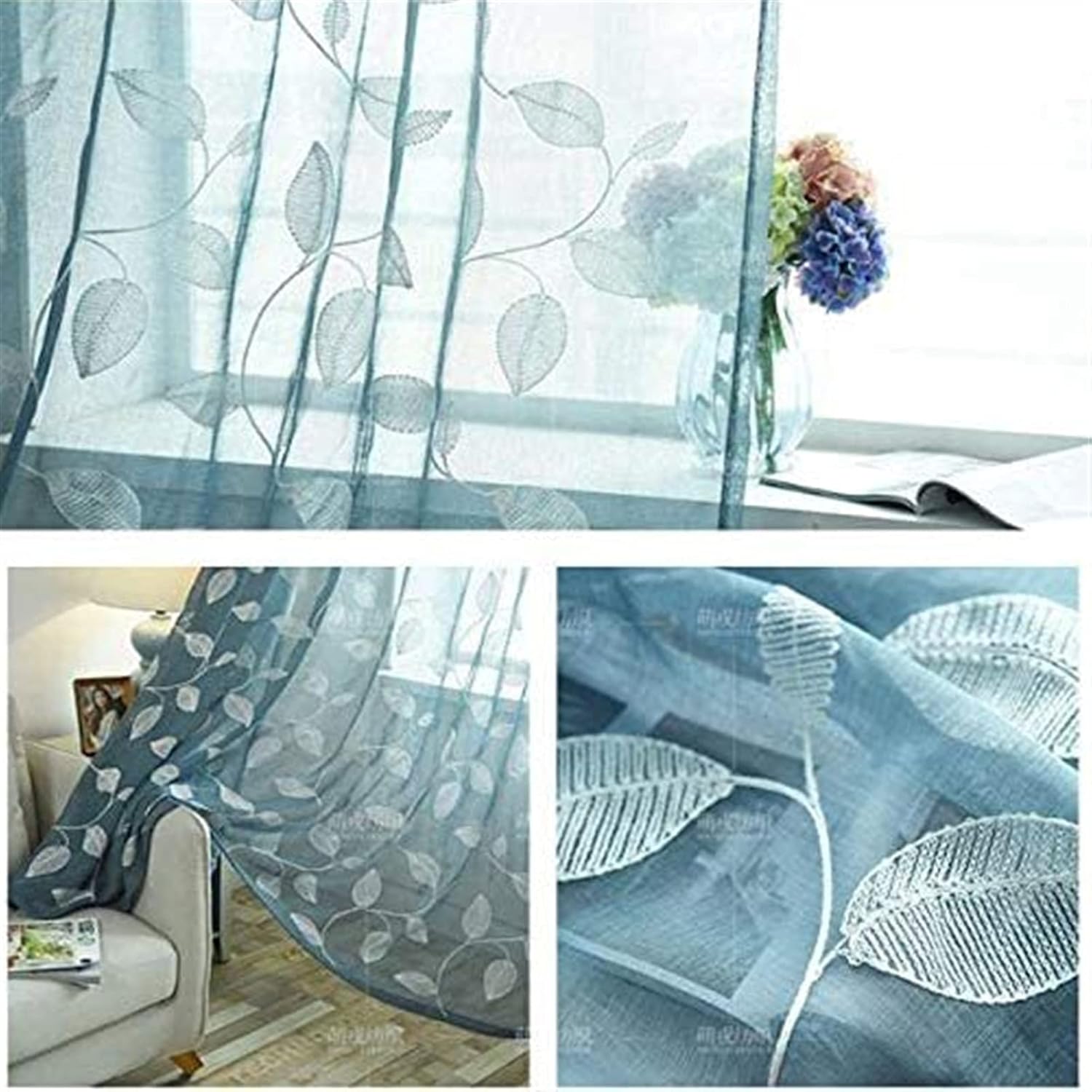 Embroidery Tulle Curtains, Semi Sheer Voile Curtain for Living Room Bedroom Half Blackout Decoration Tulle Drapes 1 Panel (Color : Blue, Size : W200*H270cm)