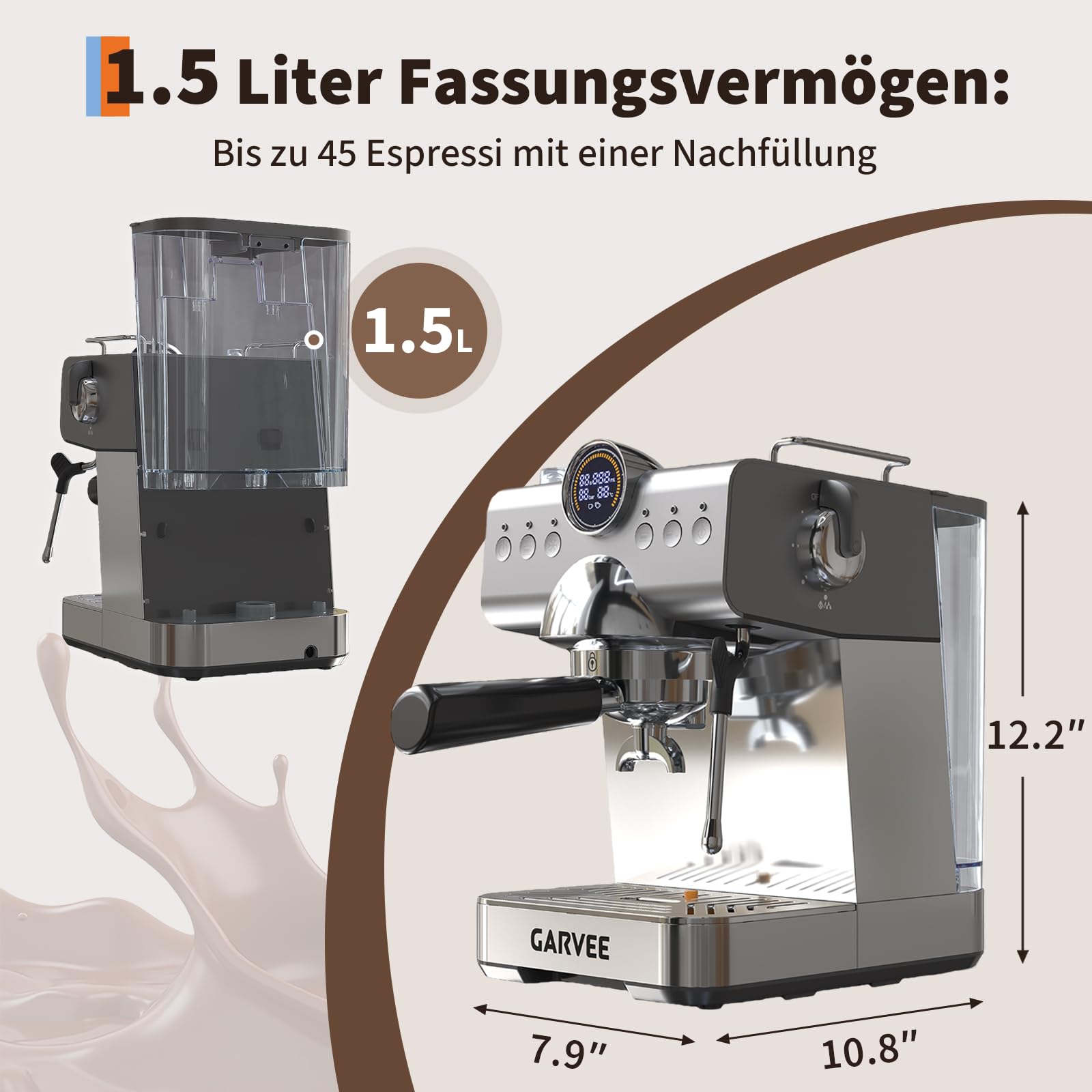 GarveeTech Macchina da Caffè Automatica 20 Bar, Espresso E Cappuccino Con Termoblocco & Ugello A Vapore Manuale,Serbatoio 1.5L, Per Espresso, Latte (nero)