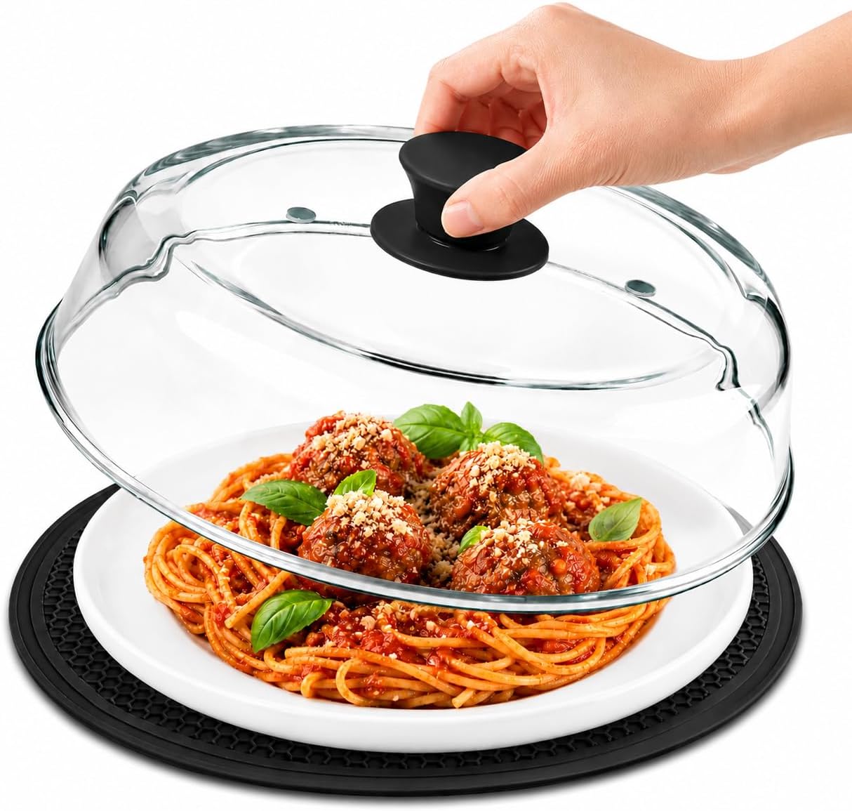 2 in 1, 10 IN Glass Microwave Splatter Cover with Silicone Mat, Borosilicate Glass Microwave Cover for Food with Dual Steam Vents & Easy Grip Silicone Handle, BPA Free, Dishwasher Safe