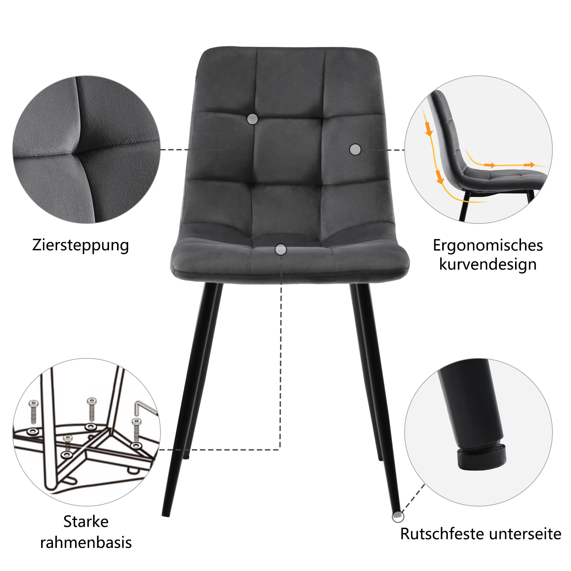 140x80cm Esstisch mit 4 Stühlen Set, Essgruppe mit Rechteckiger Küchentisch und Esszimmerstühle, Esstisch mit Stühle, Schwarz Tischbeine und Grau Samt Küchenstühle