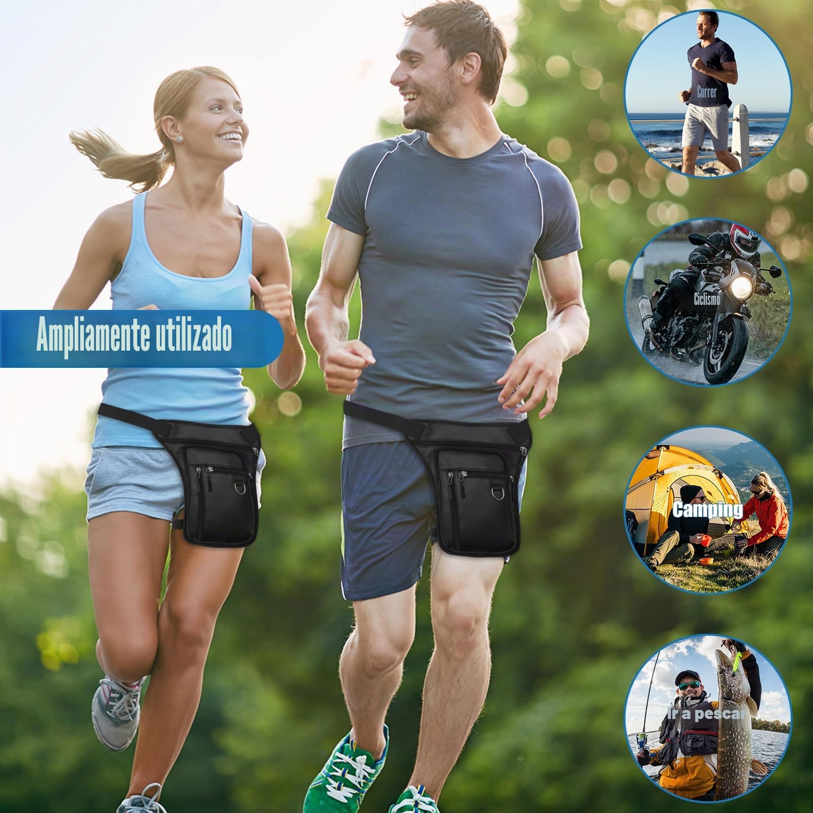 Bolsa de muslo riñonera para hombre y mujer, bolsa de pierna impermeable multibolsillos con cremallera, riñoneras exteriores para motocicleta, bicicleta, senderismo, correr (Negro)