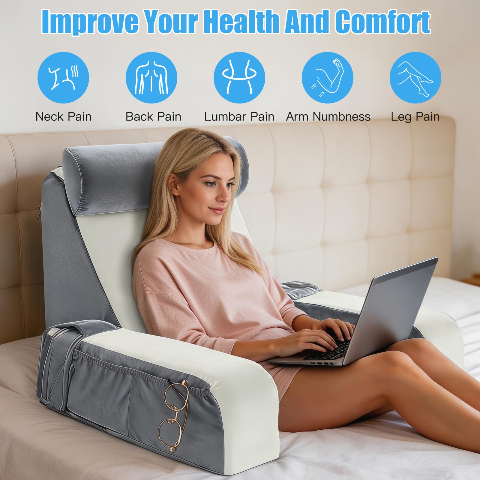 Lesekissen für Bett und Sofa, Rückenkissen Bett mit Abnehmbarer Nackenrolle & Armlehne, Lesekissen mit Rückenlehne, Kissenrückenlehne, Wandkissen Multifunktions-Keilkissen zum Lesen (Grau+weiß)