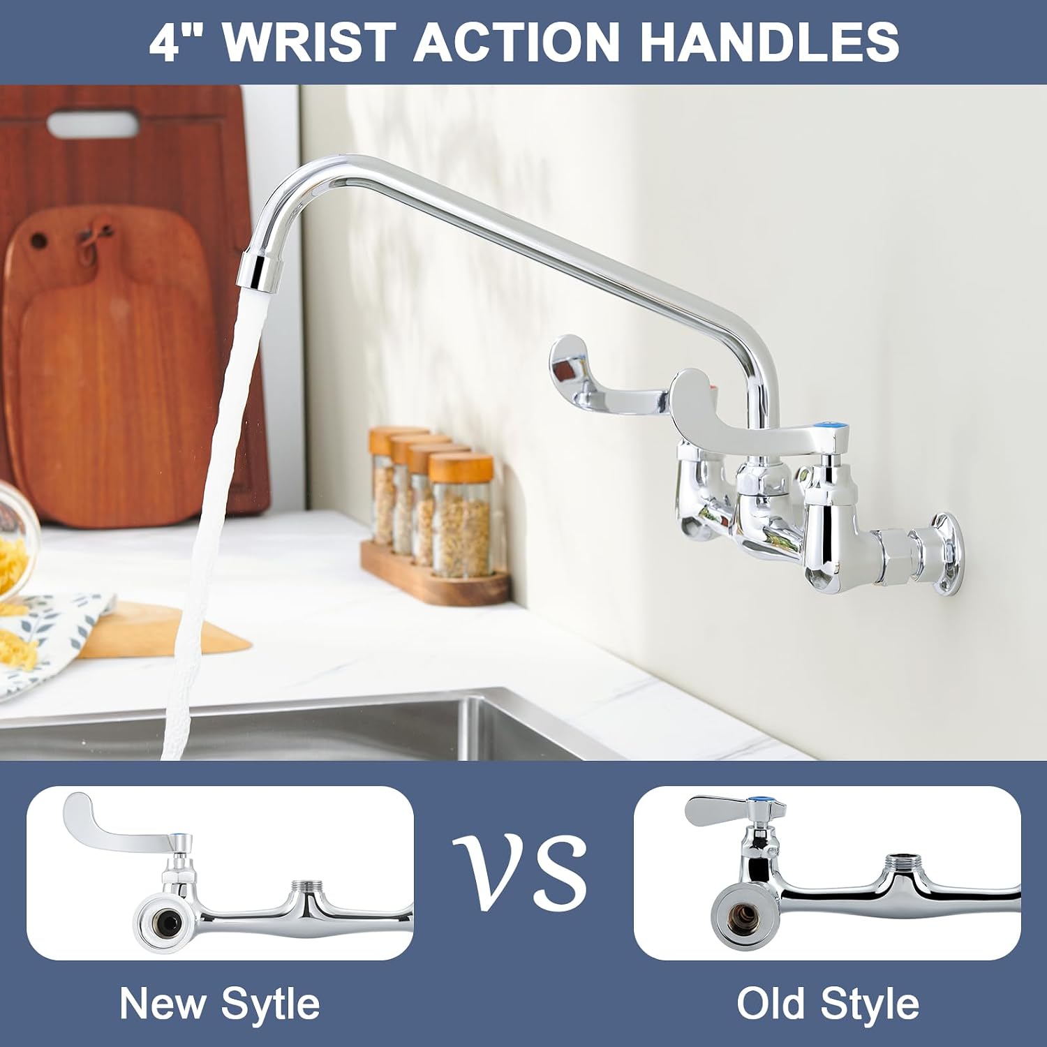 Wall Mount Commercial Sink Faucet Long Handles Wall Mounted Kitchen Faucet 8 Inch Center Swivel Spout for Utility Laundry Restaurant Sink(Polished,12")