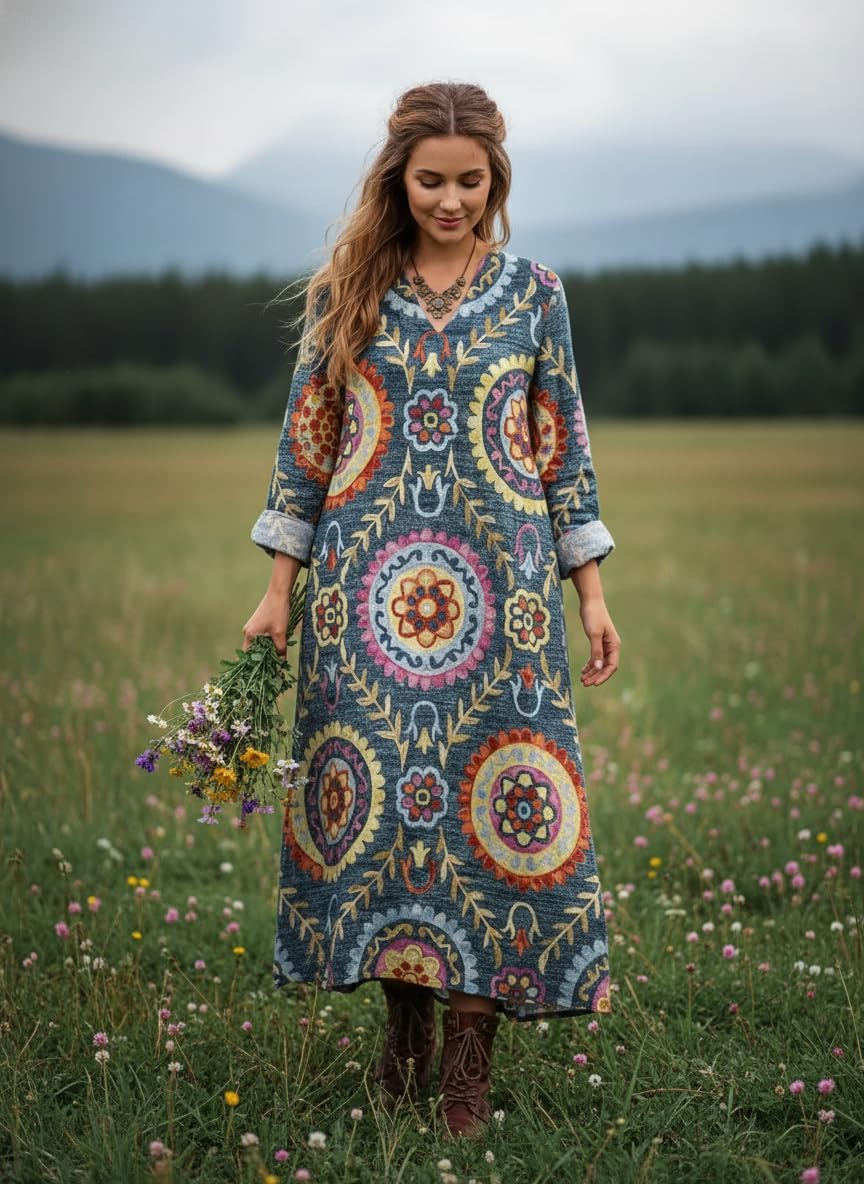 Women's Boho Floral Long Sleeve Beach Vacation Midi Dresses, Plus Size Casual Tunic Flowy V Neck Comfy Cruise Dress for Women - Image 3