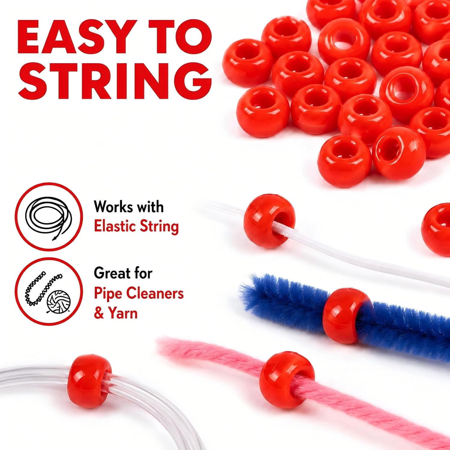 Sukh 1000+ Pcs Pony Beads - 6x9mm Red Color Pony Beads Bulk for Bracelets Making Necklace Hair Bead Braids Key Chain Making DIY Project Crafts Ornaments Decorations