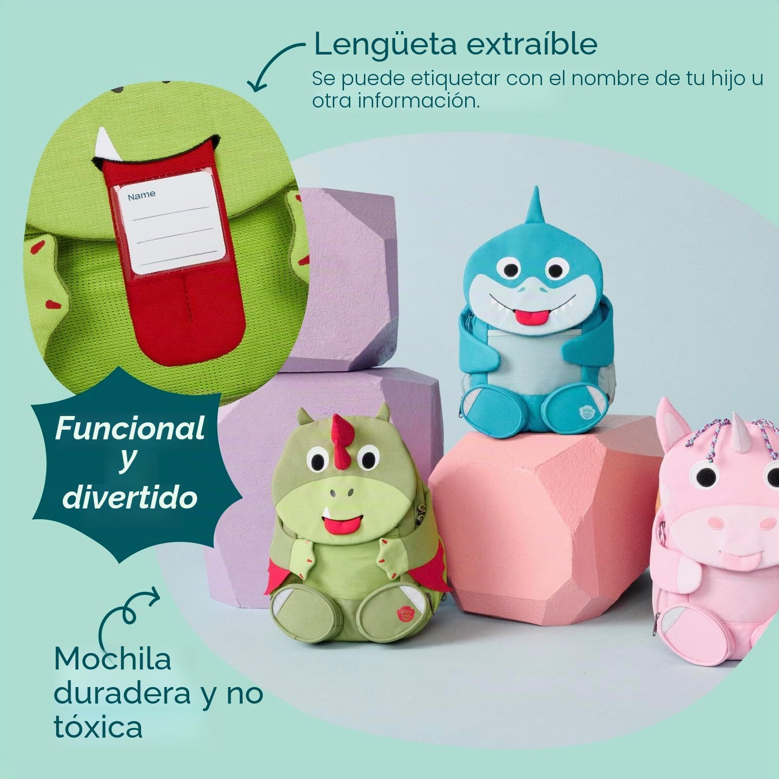Affenzahn Amigo grande mochila infantil sostenible 3-5 años guardería 8L funcional y divertida Dragón - Verde