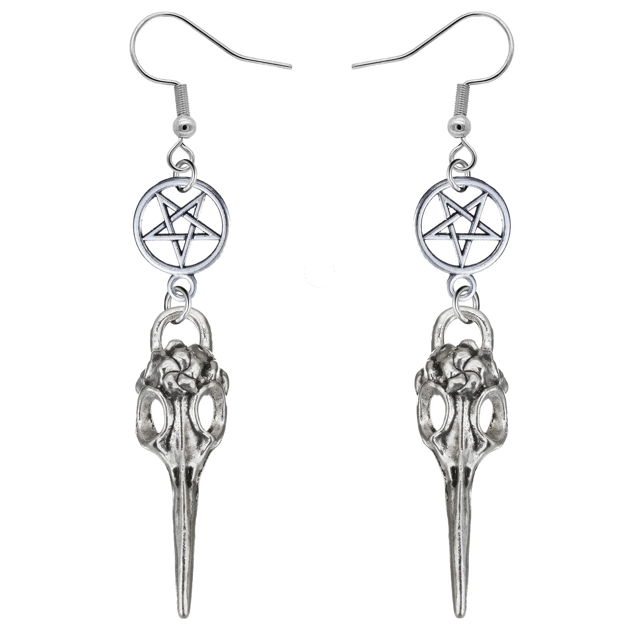 Vintage Crow Raven Bird Skull Earrings for Women Gothic Pentagram Star Skull Dangle Earring Halloween Witch Pagan Jewelry
