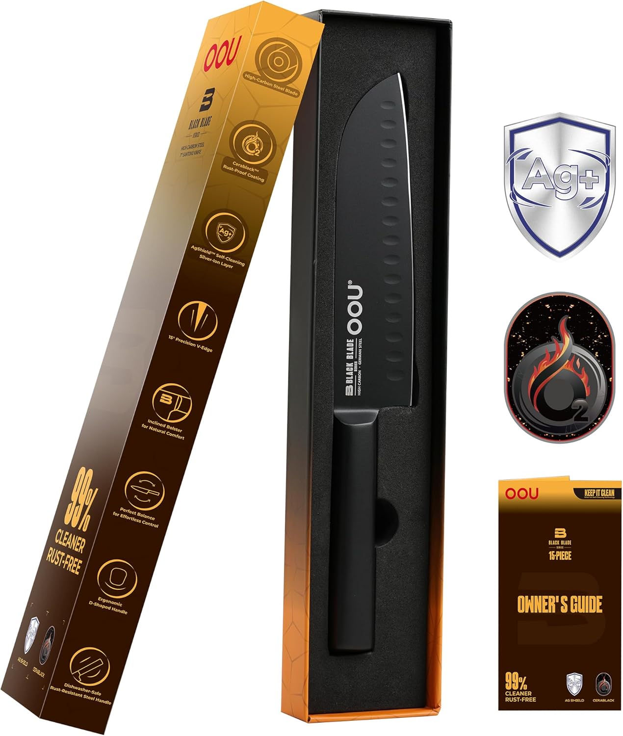 OOU® Black Blade 7 Inch Santoku Knife with AgShield™ & Cerablack™ Technology, Rust-Resistant & Easy-Clean Finish, Japanese Style Hollow Edge for Dicing & Mincing - Image 8