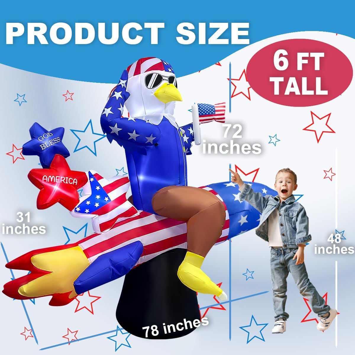 6ft Patriotic Independence Day 4th of July Inflatable American Eagle on Rocket with Stars LED Lighted Blow Up Decor Home Yard Outdoor Indoor Decoration
