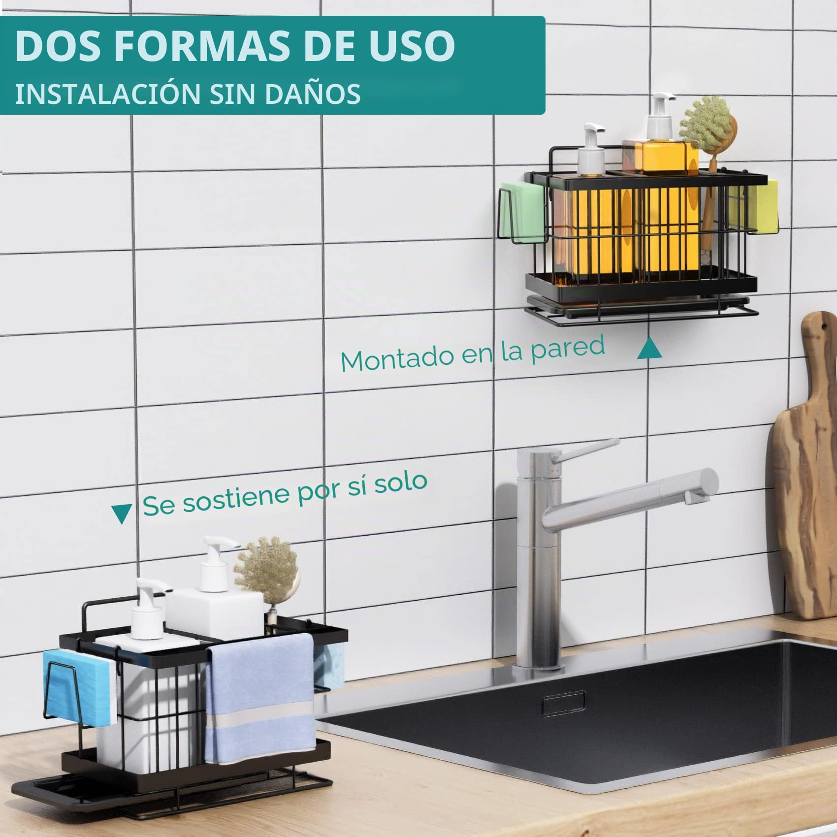 Yoassi Organizador de Fregadero Cocina, Sink Caddy de Acero Inoxidable, con Bandeja de Goteo, Soporte de Utensilios, Esponja, Estropajo, Negro (Negro)