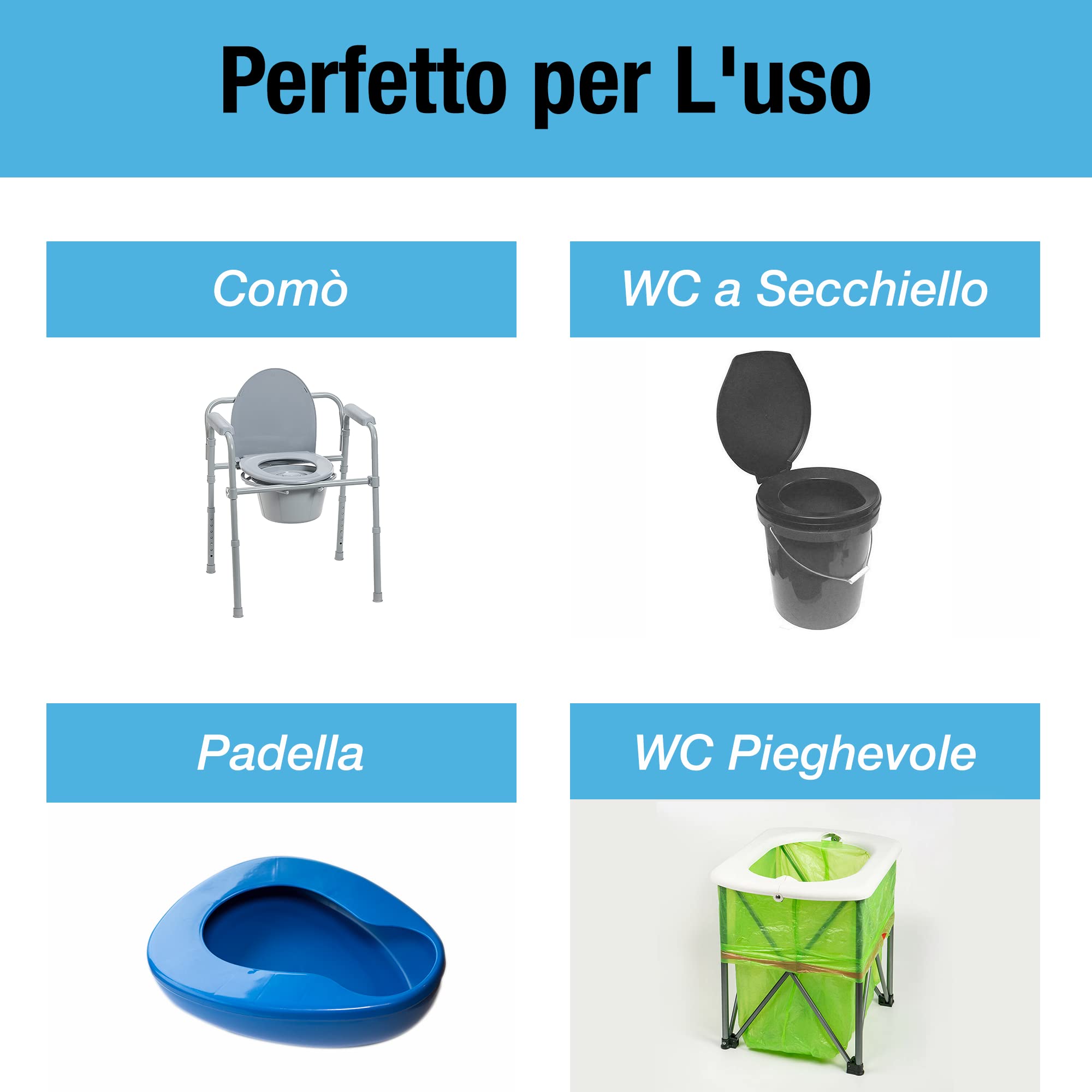 Tilcare Confezione da 50 Fodere per Padelle con Pad Super Assorbenti - Bagni Portatili e Toilette Standard - Fodere per Padelle Usa e Getta per Secchi da Ospedale e Casa - Assorbono fino a 1000 ml