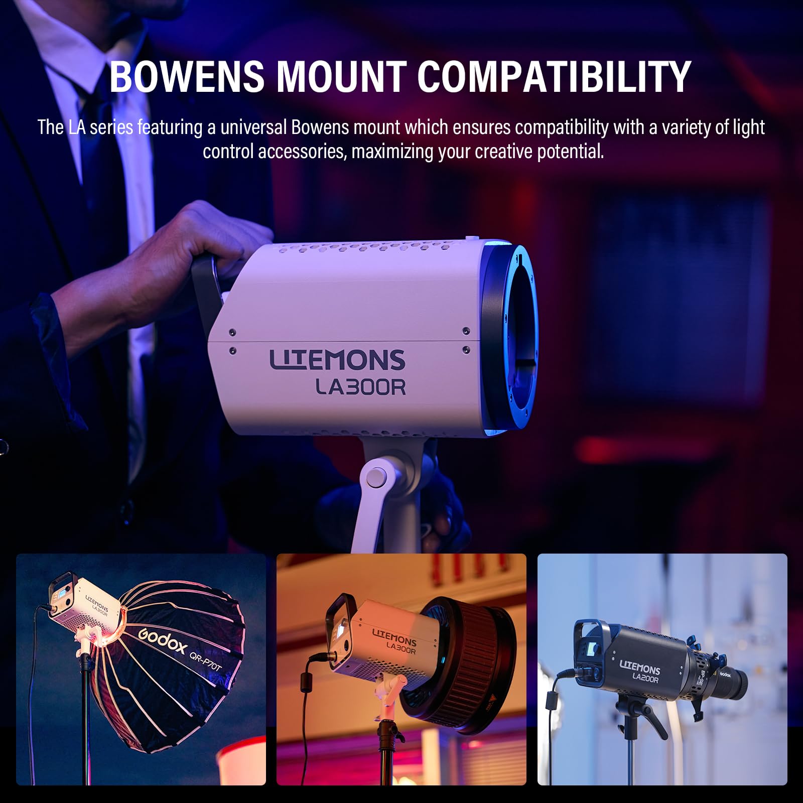 Godox LA300R RGB LED lampa wideo z torbą do przenoszenia, 330 W, 102000 Lux, 1 m, jasne, ciągłe światło, 1800 K-10000 K, Bowens Mount RGB LED, światło ciągłe z 14 efektami FX do wideografii