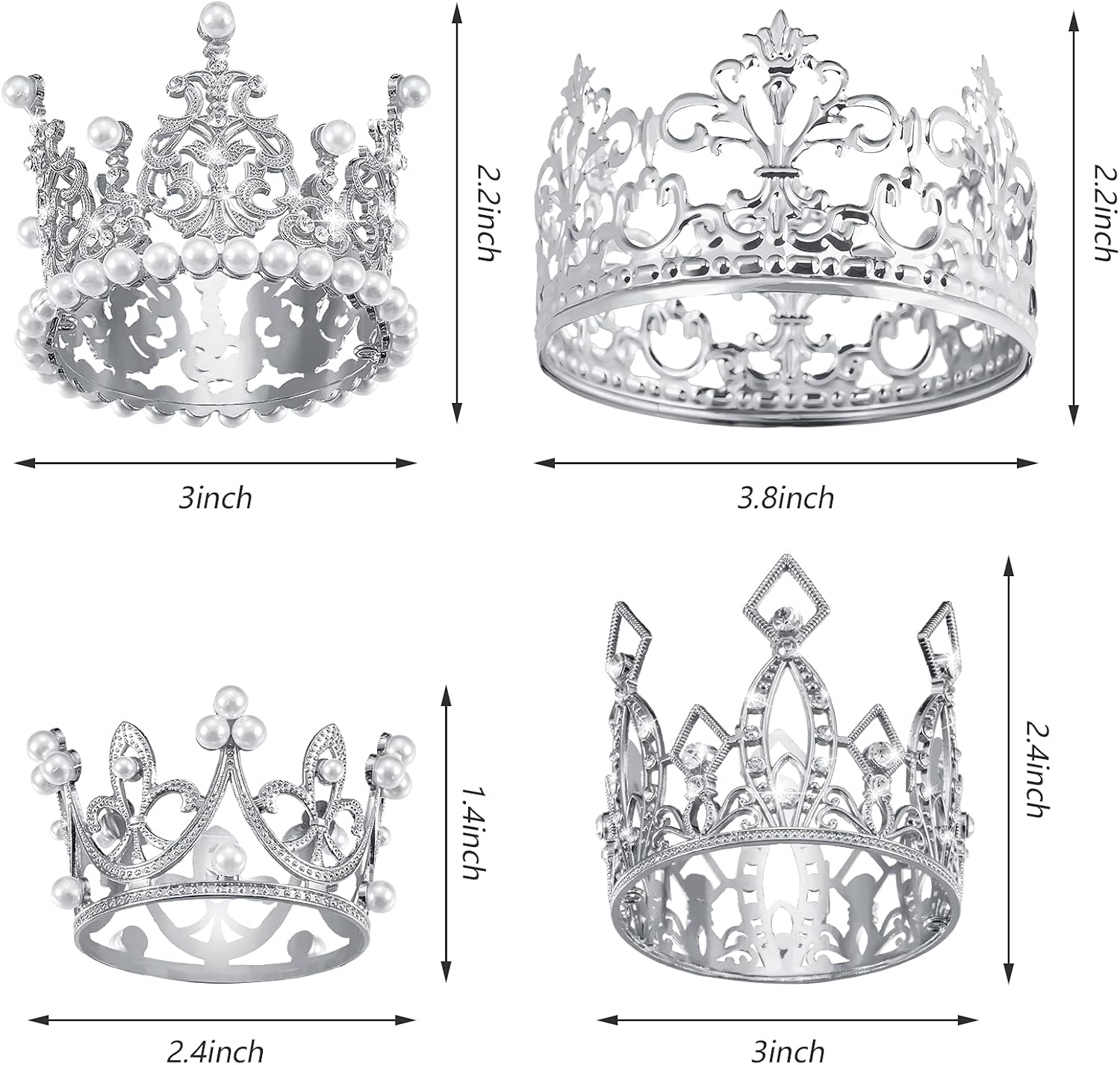 Ferraycle 4 Pieces Silver Crown Cake Topper Birthday Mini Flower Bouquet Crown Cupcake Toppers Crystal Pearl Tiara Wedding Cake Top Hair Ornament for Doll Flower Arrangements Wedding