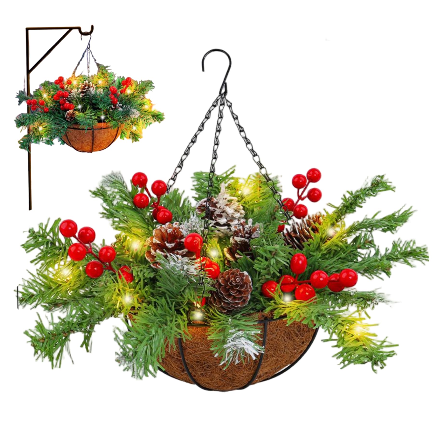 Panier de Noël suspendu éclairé avec pommes de pin et baies artificielles pour votre porche
