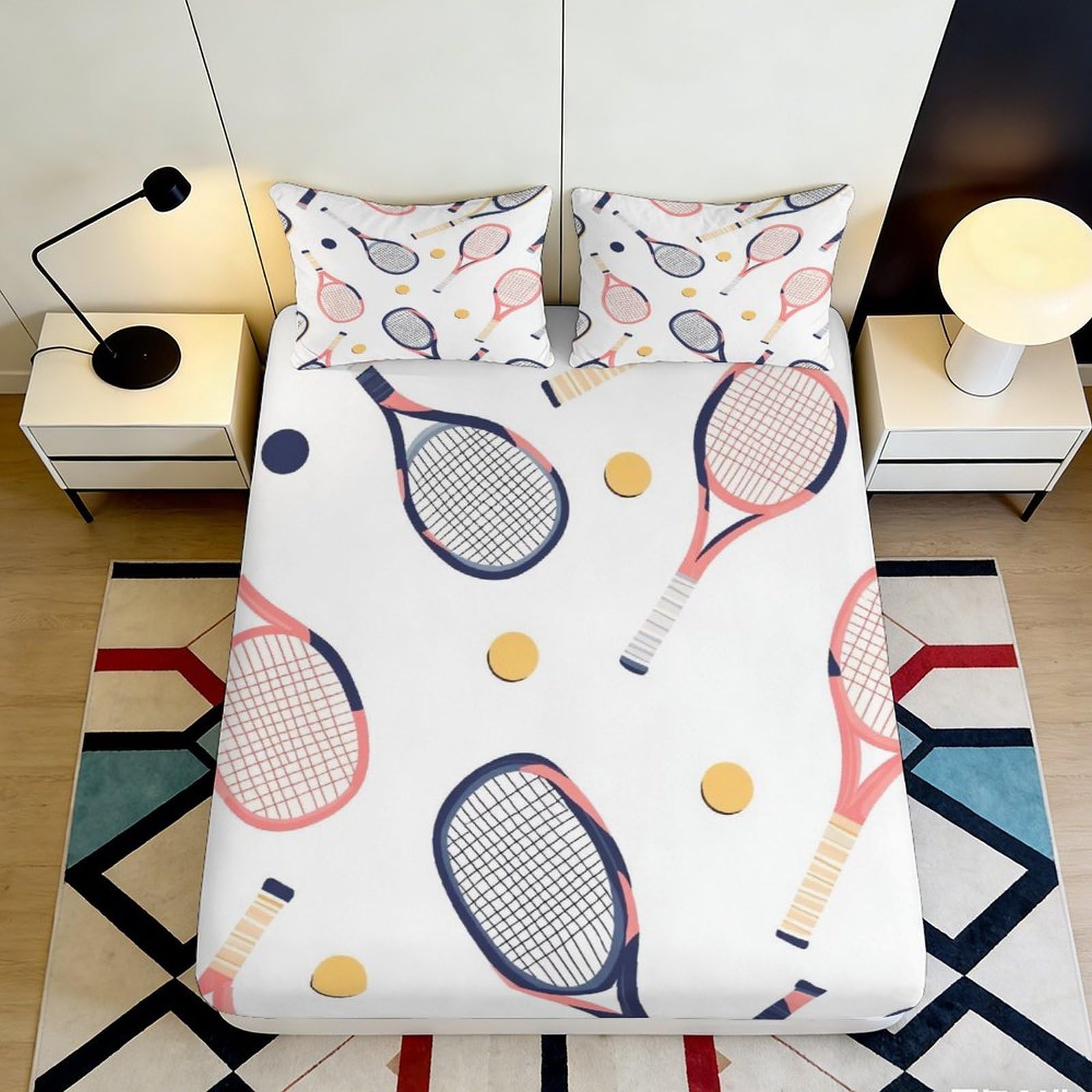 3D Printed Tennis Racket Fitted Sheet Microfiber Soft Breathable Tennis Ball Mattress Cover for Bedroom Dorm Decor 90x200x25cm