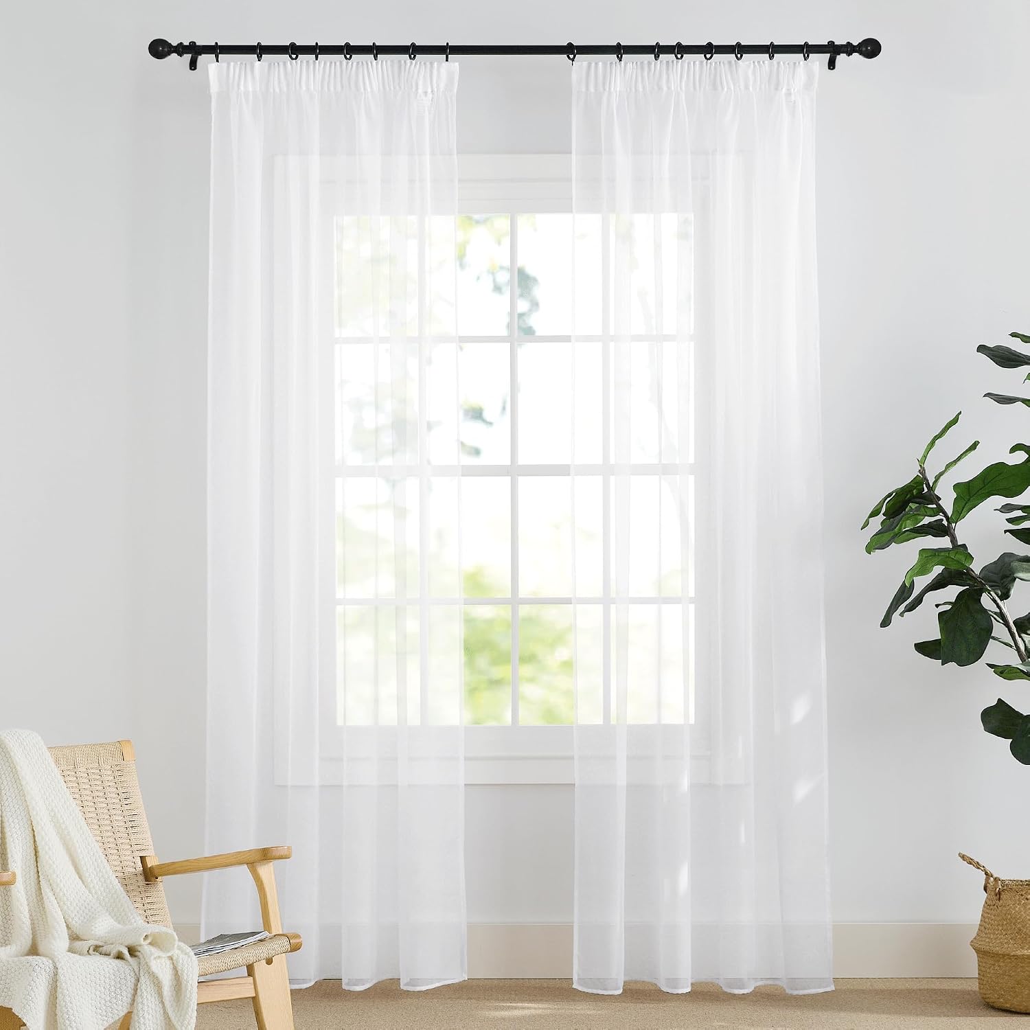 PONY DANCE Living Room Curtains with Ruffle Tape for Rail Voile Curtains White Transparent Set of 2 H 220 x W 140 cm White Sheer Curtains for Living Room/Bedroom
