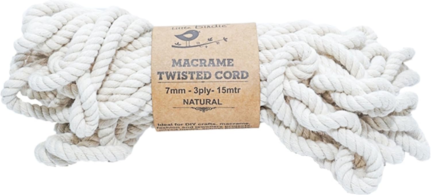 Little Birdie 7mm Macrame Cord - 100% Cotton Twisted 3-Ply Rope, 49ft for Boho Crafts, Plant Hangers & Wall Decor