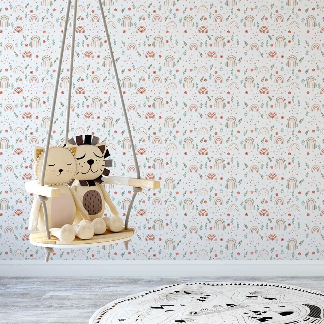 GP TONER Papier peint intissé arc-en-ciel fleurs feuilles motif beige vert tons chambre enfant bébé style bohème nature déco murale moderne 10m x 0,5m