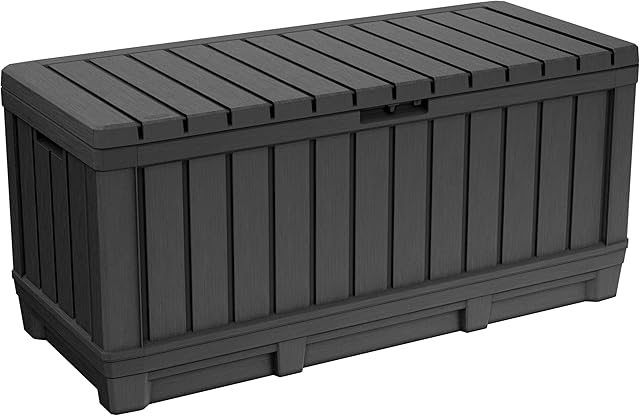 Keter Kentwood 90 Gallon Resin Deck Box-Organization and Storage for Patio Furniture Outdoor Cushions, Throw Pillows, Garden Tools and Pool Toys, Graphite