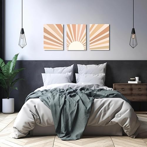 Miniatura 6 de YokiMino Juego de 3 arte bohemio para pared, lienzo enmarcado moderno de mediados de siglo, diseño de líneas geométricas de naturaleza para sala de