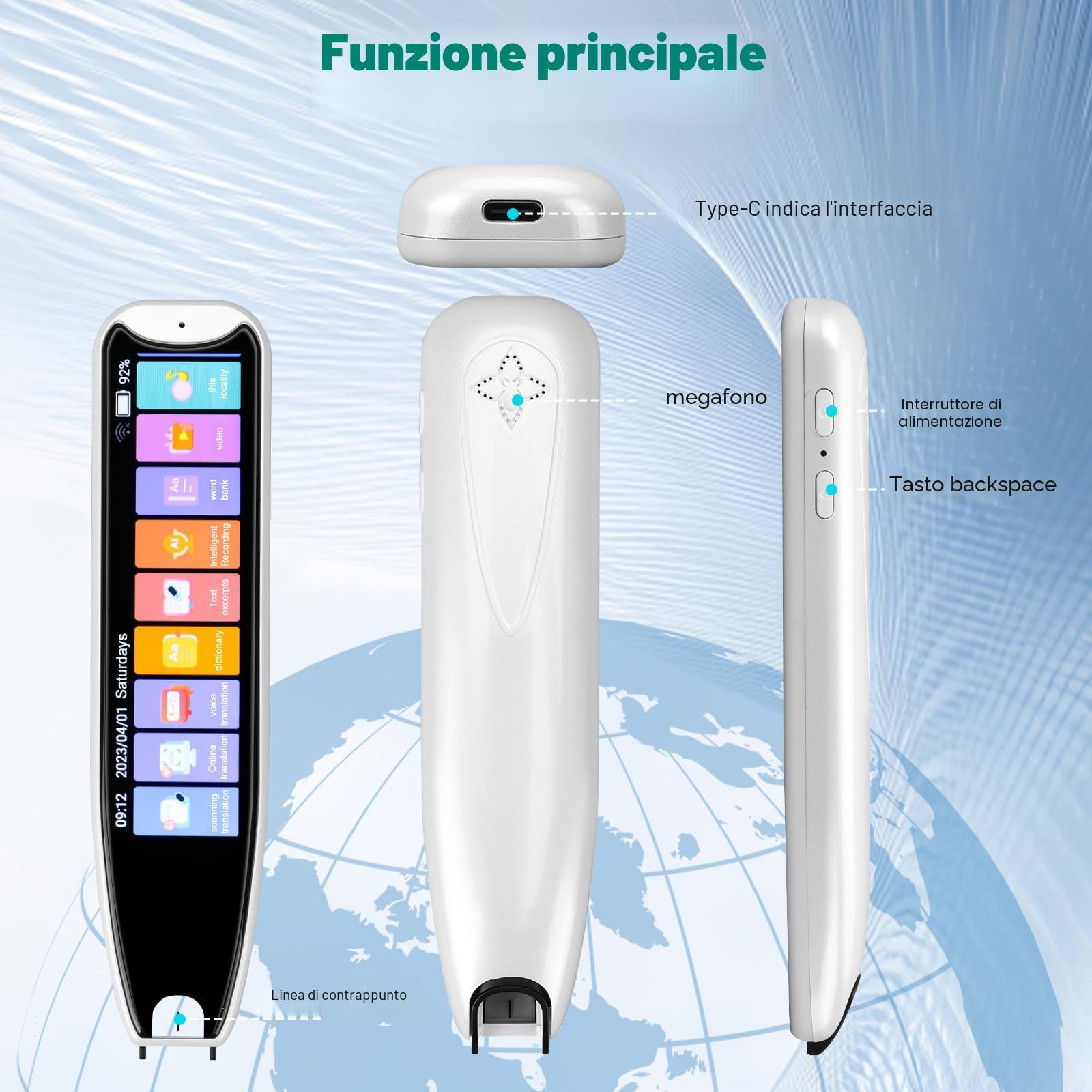 Penna Scanner Traduttore con OCR - Traduzione Istantanea 142 Lingue, Touchscreen LCD, Offline/Speech-to-Text, Ideale per Dislessia, Studio/Viaggi (Bianco)
