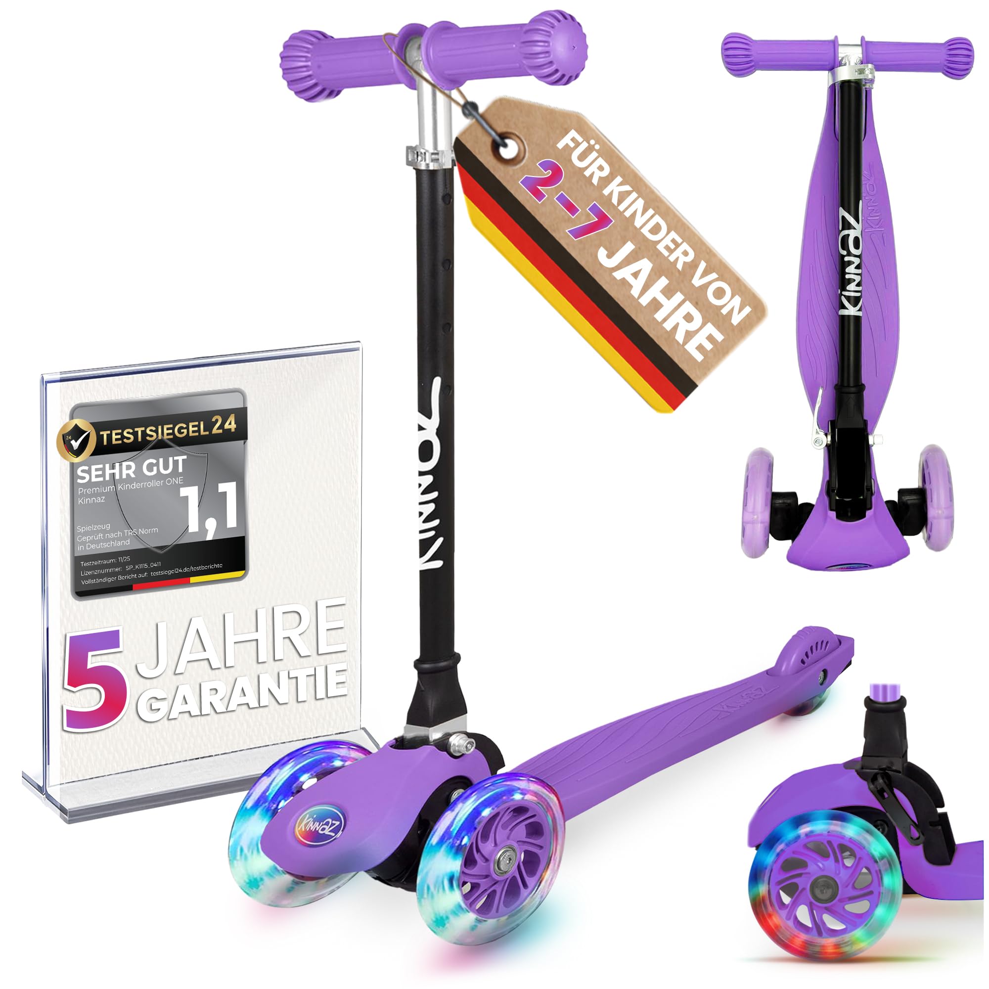Kinderroller kinnaz ONE, Roller für Kinder ab 2 3 Jahre, Kind Roller 4 Jahre, Tretroller, LED Räder, faltbar, Höhe einstellbar, Diebstahlschutz, über 100.000 verkaufte Scooter, Hamburger Unternehmen