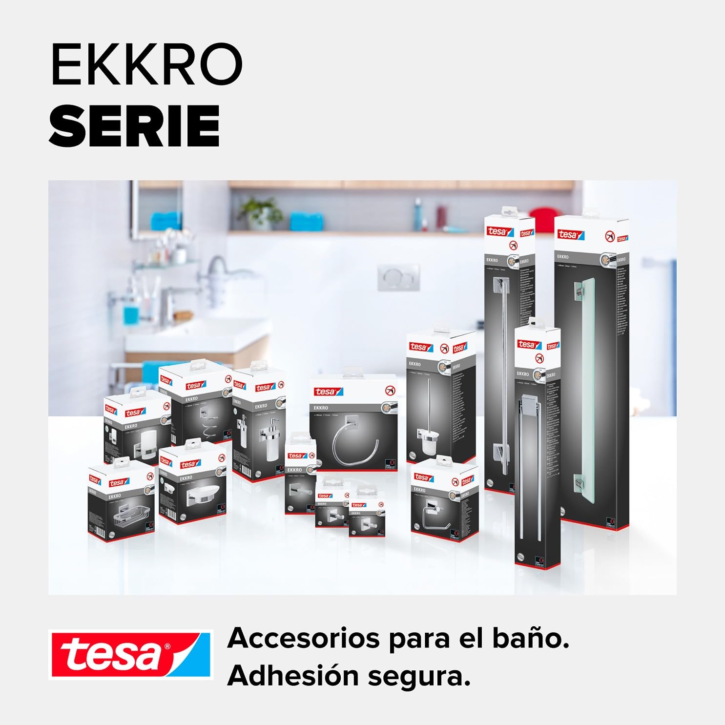tesa Ekkro Escobilla de baño, metal cromado brillante, tecnología autoadhesiva de montaje en pared, 390 x 116 x 147 mm
