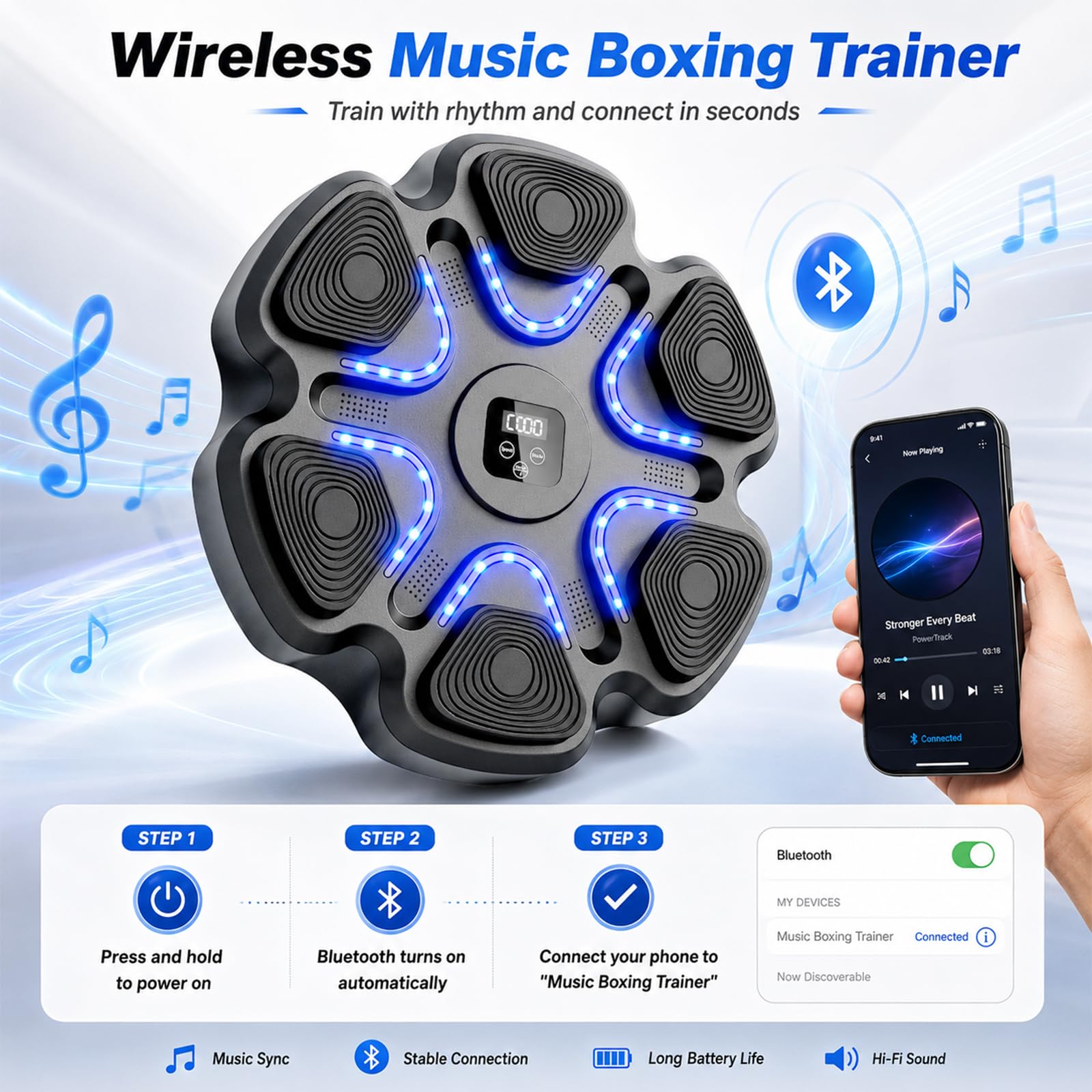 Machine da boxe con musica, Bluetooth, 9 modalità di allenamento, 2 paia di | Strumento di allenamento per alleviare lo stress con contatore di colpi, per adulti, fitness a casa