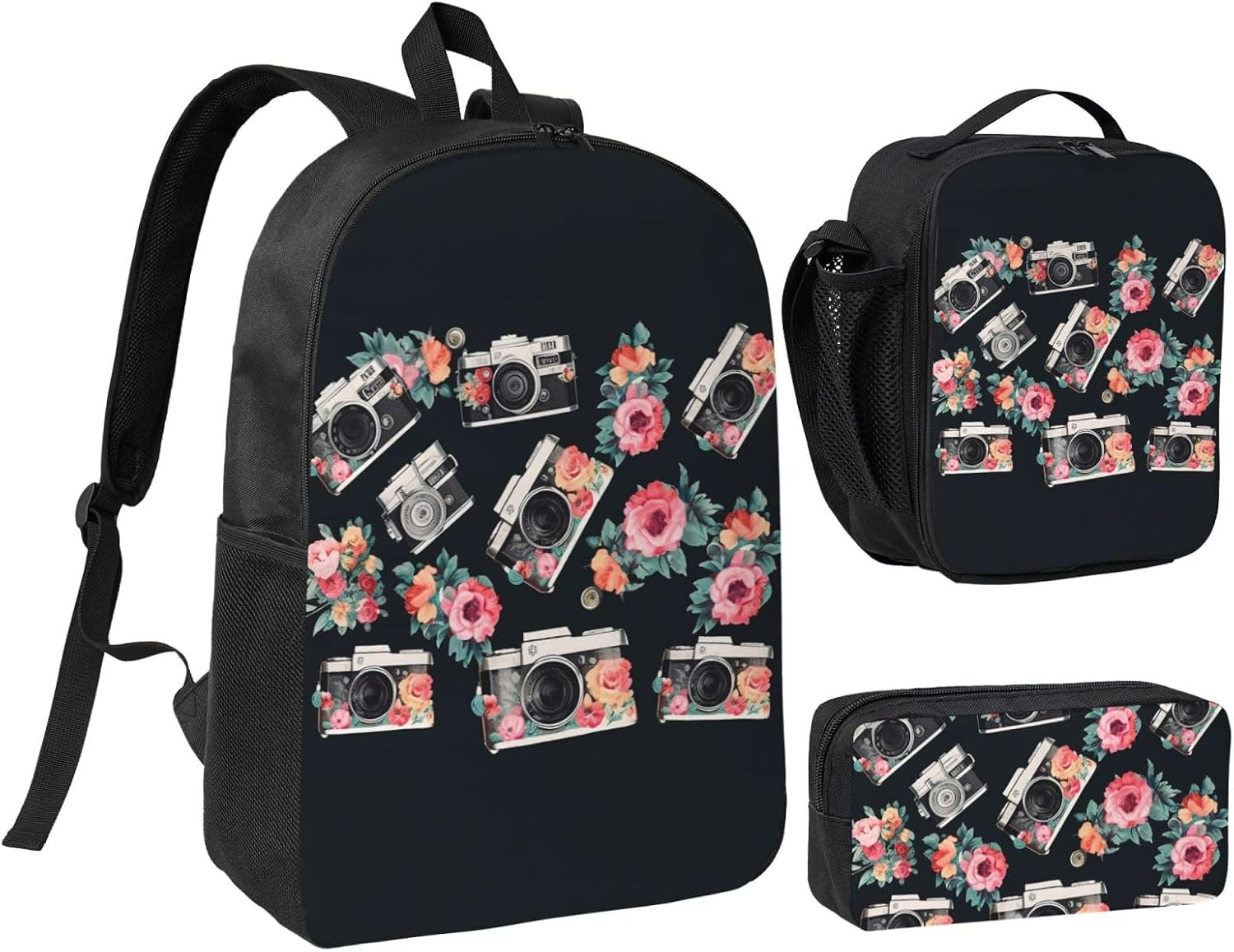 Flower camera Backpack Set 3 PCS - 17 Inch Laptop Backpack with Lunch Bag, Waterproof Daypack Insulated Lunch Box Large Capacity Coin Pouch Personalized Gift