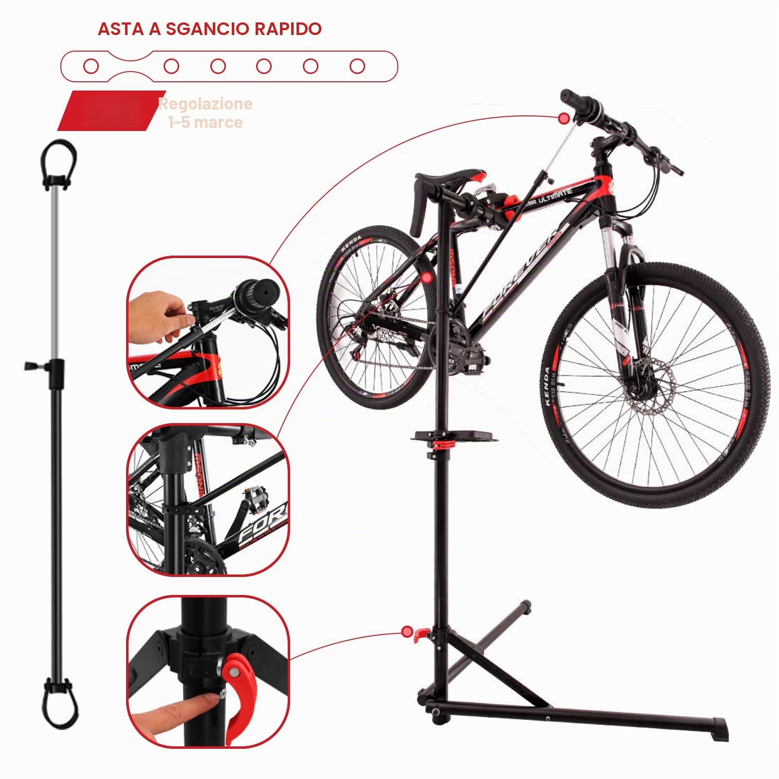 Cavalletto di Riparazione Bici 50 kg Pieghevole – Supporto Professionale in Acciaio con Morsetto 360°, Altezza Regolabile 94–157 cm, Vassoio Magnetico & Guanti – per MTB, Bici da Corsa ed E-Bike