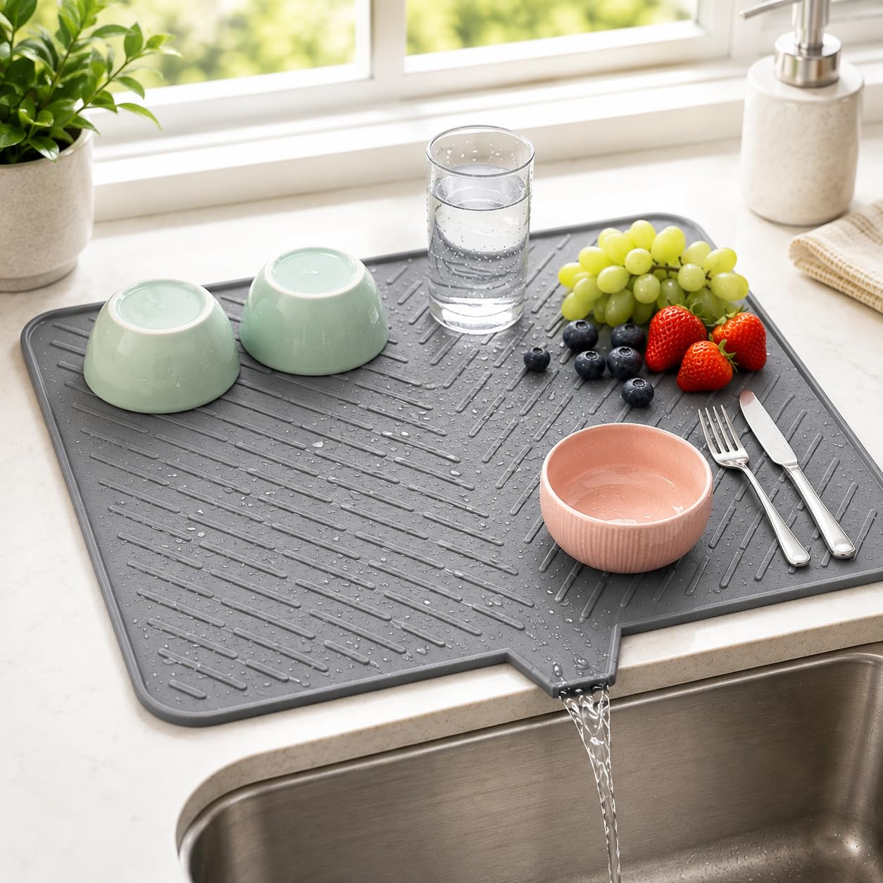 CooRug Silicone Dish Drying Mat for Kitchen - Built-in Drain Lip | Hygienic Drying Pad - Sturdy Compact Easy to Clean Tray Protects Surfaces Prevents Water Build Up - 23 X 17 Inches (Grey)-image-5
