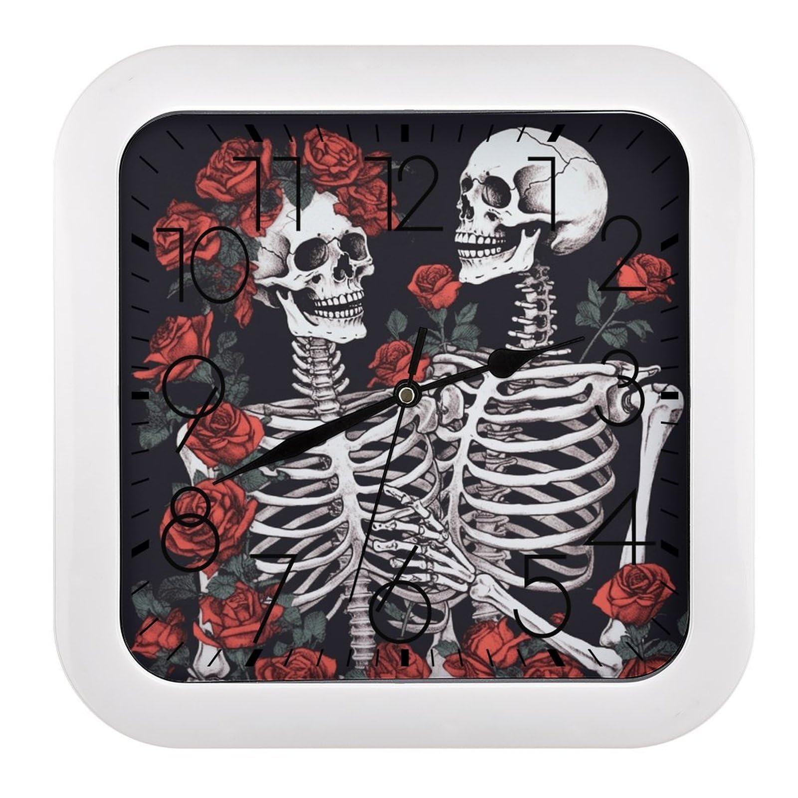 VstaDank Rose and Skeleton Wall Clock Silent Non-Ticking Clocks Modern Frame Square Wall Clocks Battery Operated Analog Clock Home Decor for Living Room Bathroom Kitchen Office 10 in