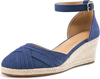 Reimferce Womens Wedge Sandals Dressy: Blue 8 Ankle Strap Espadrille Wedges for Women - Casual Closed Toe Wedding Shoes