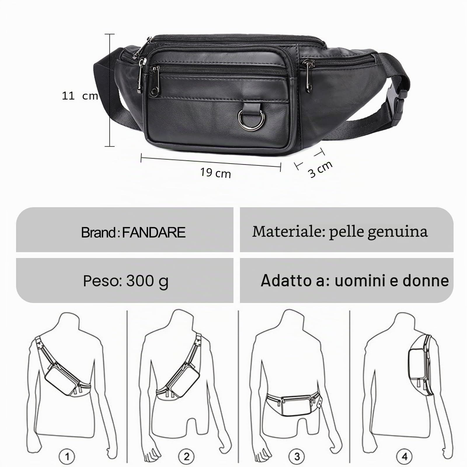 FANDARE Marsupio Sportivo con Tasche Multiple Zaino Monospalla da Donna Uomo Pelle Borsello Borsa a Spalla Borse piccole a tracolla Zainetto per lavoro Ciclismo Viaggio Sling BagNero B