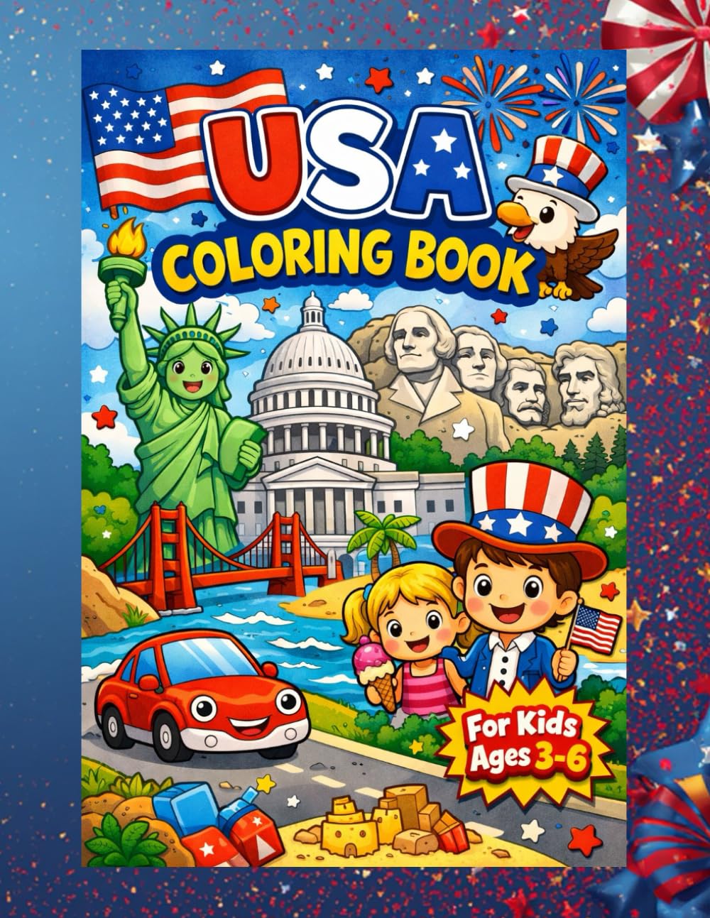 USA Coloring Book for Kids Ages 3-6: Fun and Easy Coloring Pages of American Landmarks, Flags, Animals and Patriotic Symbols for Toddlers and Preschoolers
