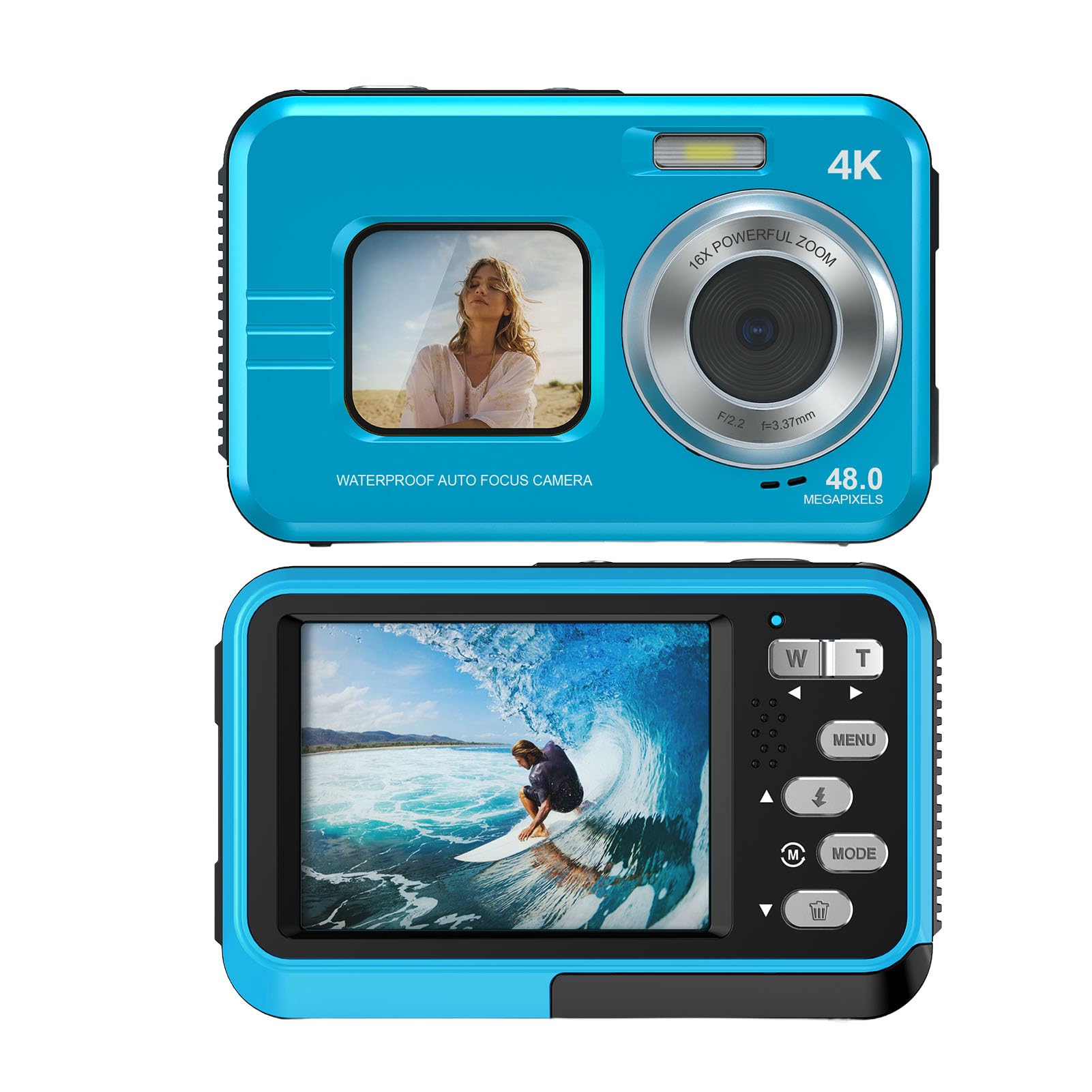 VBESTLIFE Fotocamera Subacquea 4K, Fotocamera Digitale Impermeabile a Doppio Schermo con Messa a Fuoco Automatica da 48 MP con Scheda da 32 GB e Luce di Riempimento per Snorkeling, Nuoto e (BLUE)