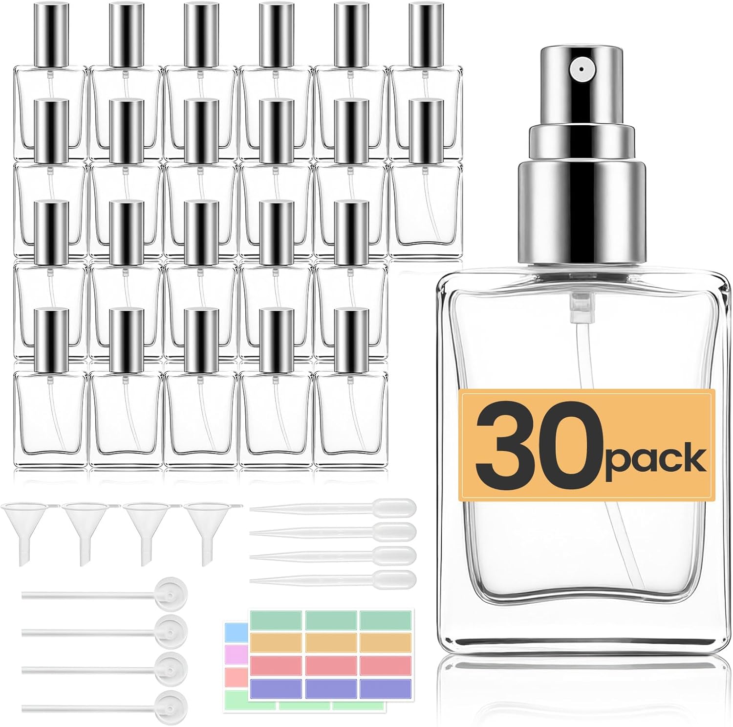Easytle 30 Pack 15ml Clear Glass Perfume Spray Bottles - Refillable Travel Atomizers with Fine Mist, 80 Labels, 10 Funnels, Droppers & Dispensers
