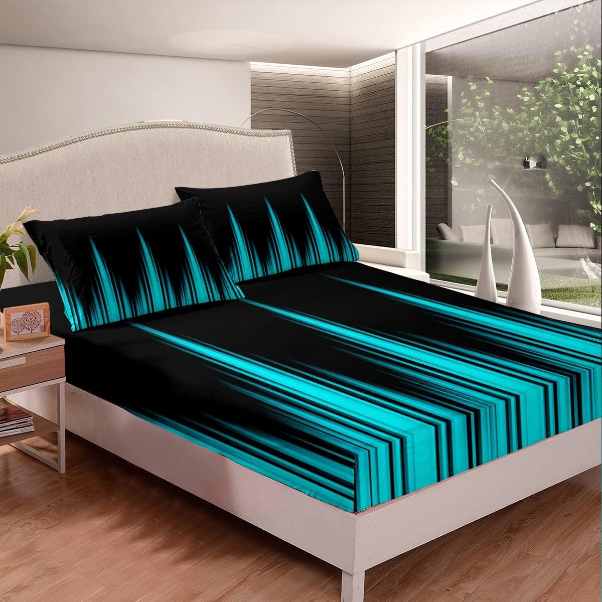 Feelyou Turquoise Teal Blue and Dark Sheet Set Vintage Ombre Sheets with Deep Pocket Fitted Sheet Gradient Dark Simple Style Bed Sheets Set Breathable Bedding Set Bed Set Full Size