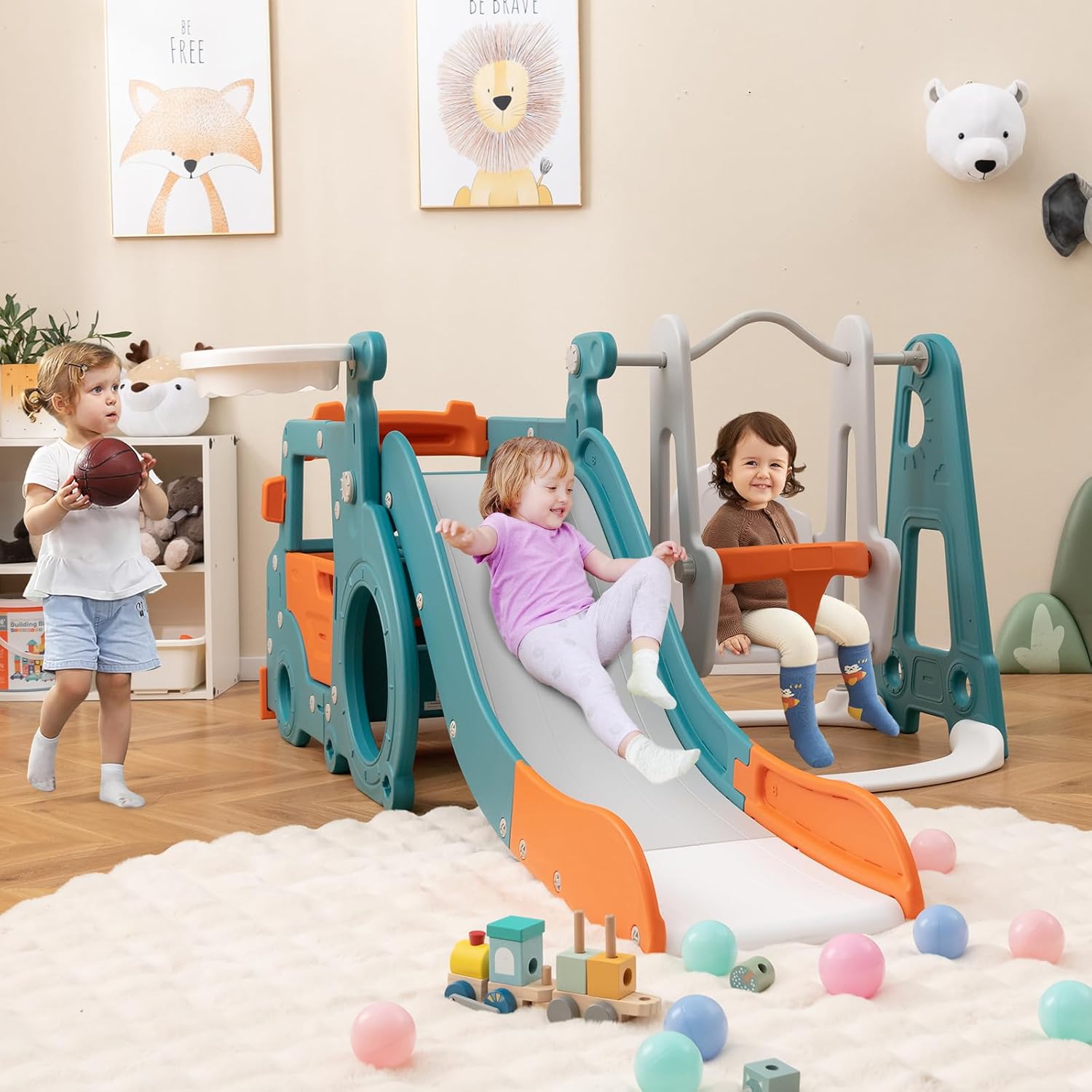 HONEY JOY 6 in 1 Toddler Slide and Swing Set, Indoor Outdoor Bus Playset Gym with Baby Swing, Basketball Hoop, Crawling Tunnel, Kids Climber Play Set for Boys Girls, Playground Backyard Gifts