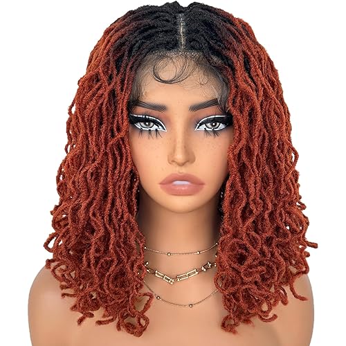 SOKU Afro Curly Faux Locs Lace Front Wig 4x4 Short Braided Wigs for Black Women 14 Inch Ruby Copper Red Twist Dreadlock Synthetic Wigs Ready to Wear