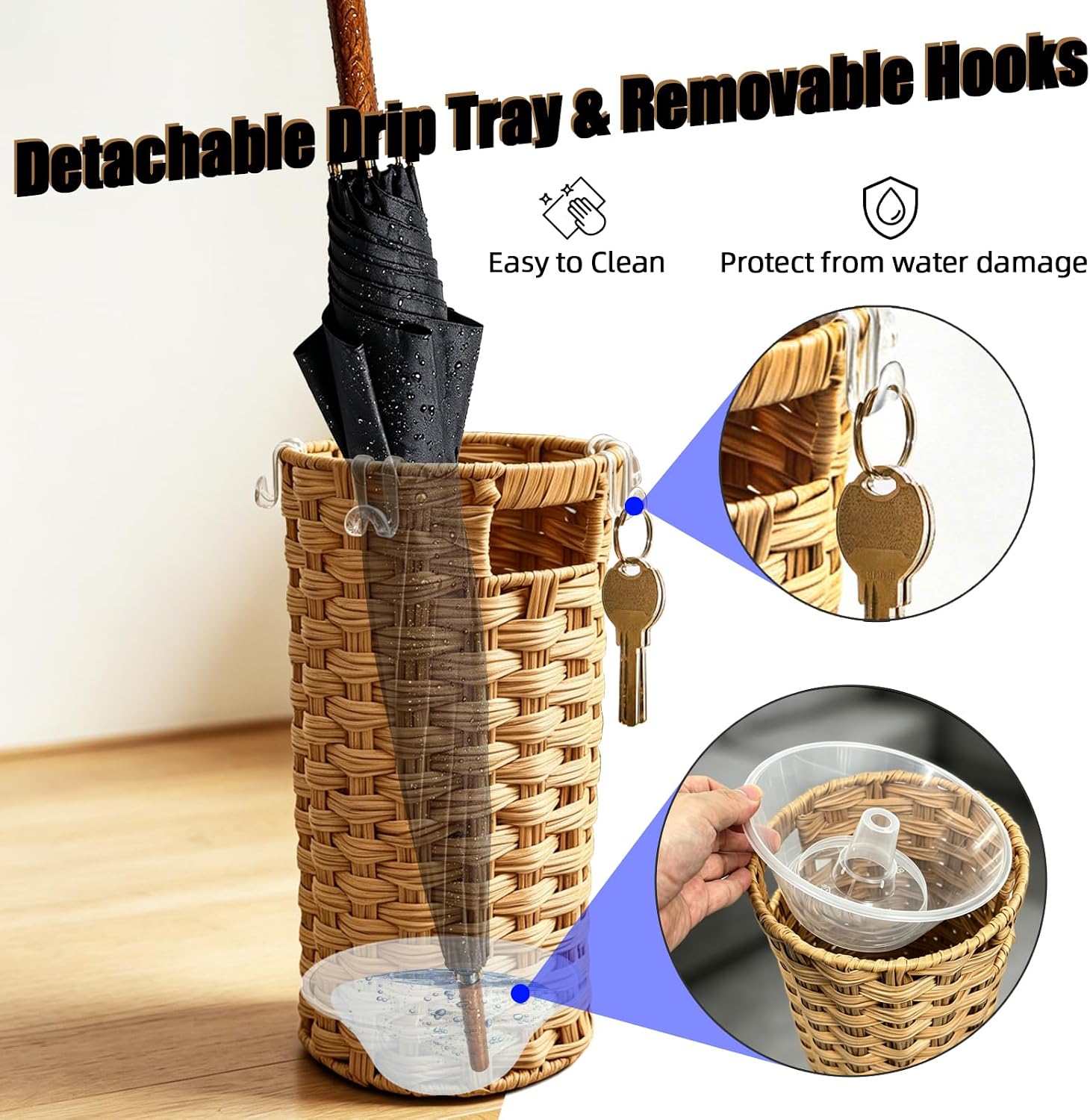 Rattan Umbrella Stand with Drip Tray - Hand Woven Freestanding Entryway Umbrella Holder, Small Rattan Rack Organizer with 4 Hooks for Folding Umbrellas & Canes, 7.5" L x 7.5" W x 16.5" H