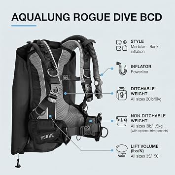 Aqualung Rogue Dive BCD - Lightweight Modular Back-Inflation Scuba Diving Buoyancy Compensator with ModLock Connectors, SureLock II Weight Release, GripLock Tank Band
