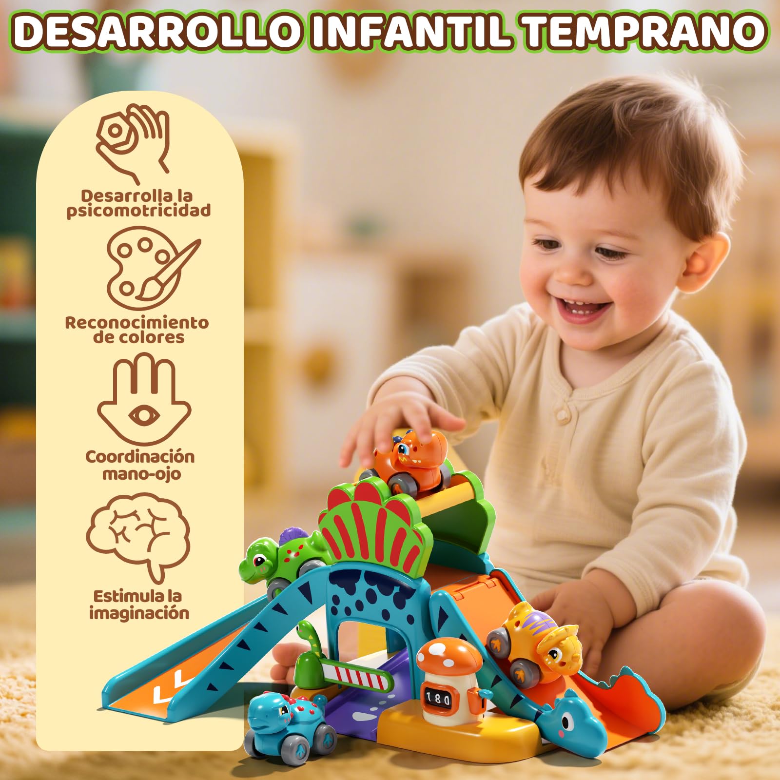 Lehoo Castle Coche de Dinosaurios para Niños 1 2 3 Años, Juguete Educativo con Tobogán y Aparcamiento, Desarrollo Motricidad y Creatividad, Regalo para Niños y Niñas 1-3 Años