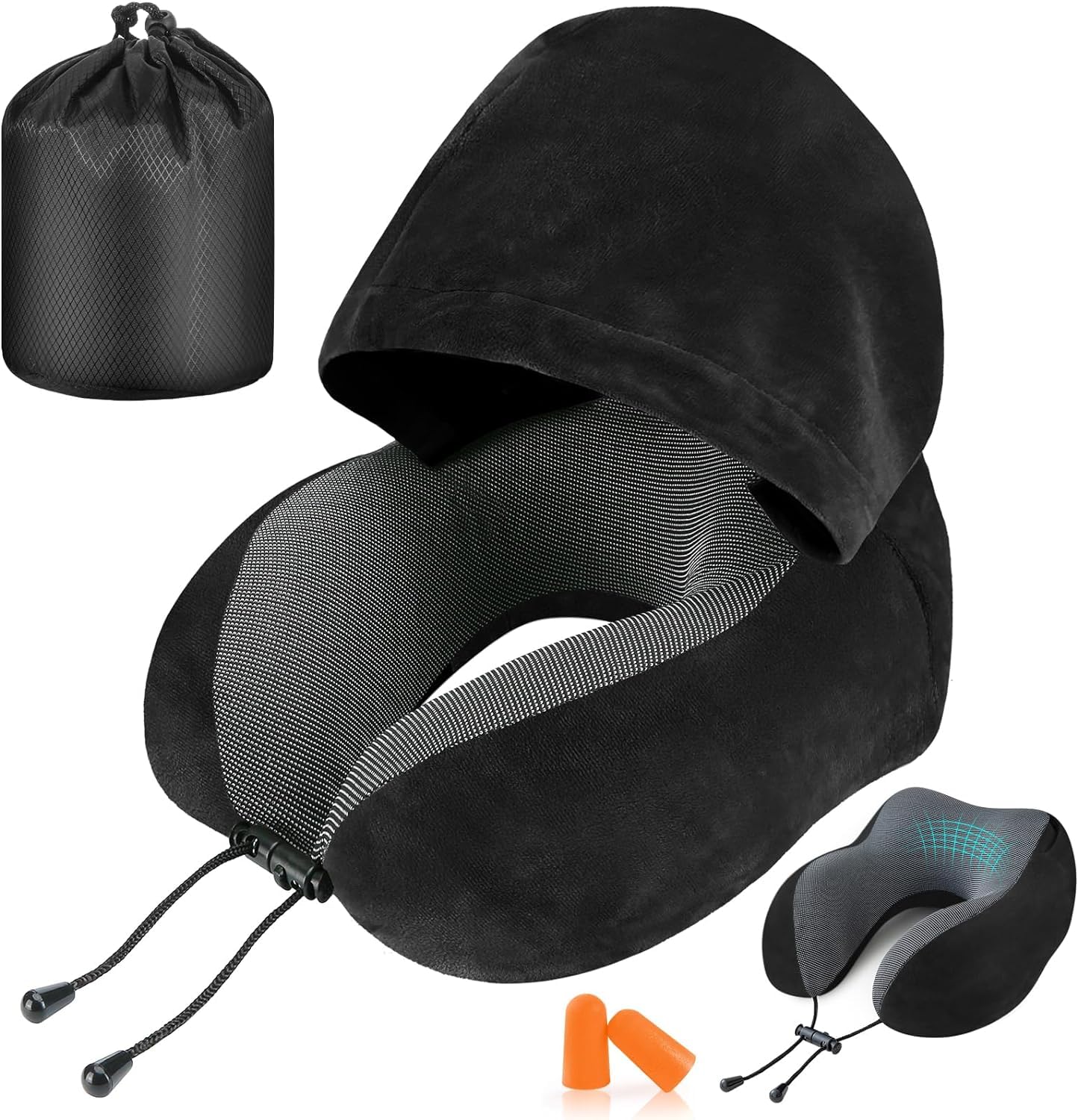 Travel Pillow, Neck Pillow for Travel with Hood for Airplane, Velvet Memory Foam Neck Pillow Adult Head and Neck Support, with Ear Plugs, for Long Flights Plane, Office, Cars Sleeping and Rest