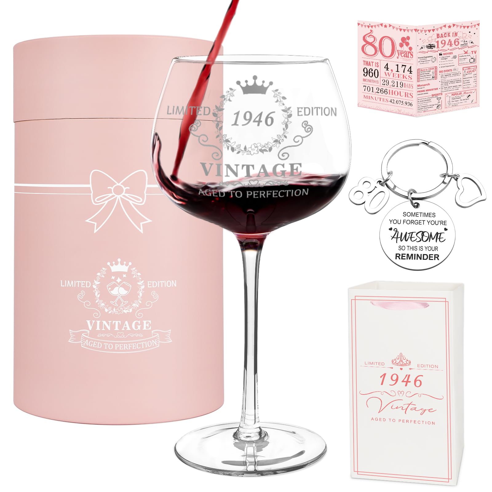 Vanqruo 80th Birthday Gifts for Women,Vintage 1946 Platinum Print Wine Glass, 80th Birthday Decorations for Women, Happy 80 Year Old Gift Ideas for Her, Wife, Friends - 16Oz Wine Glass