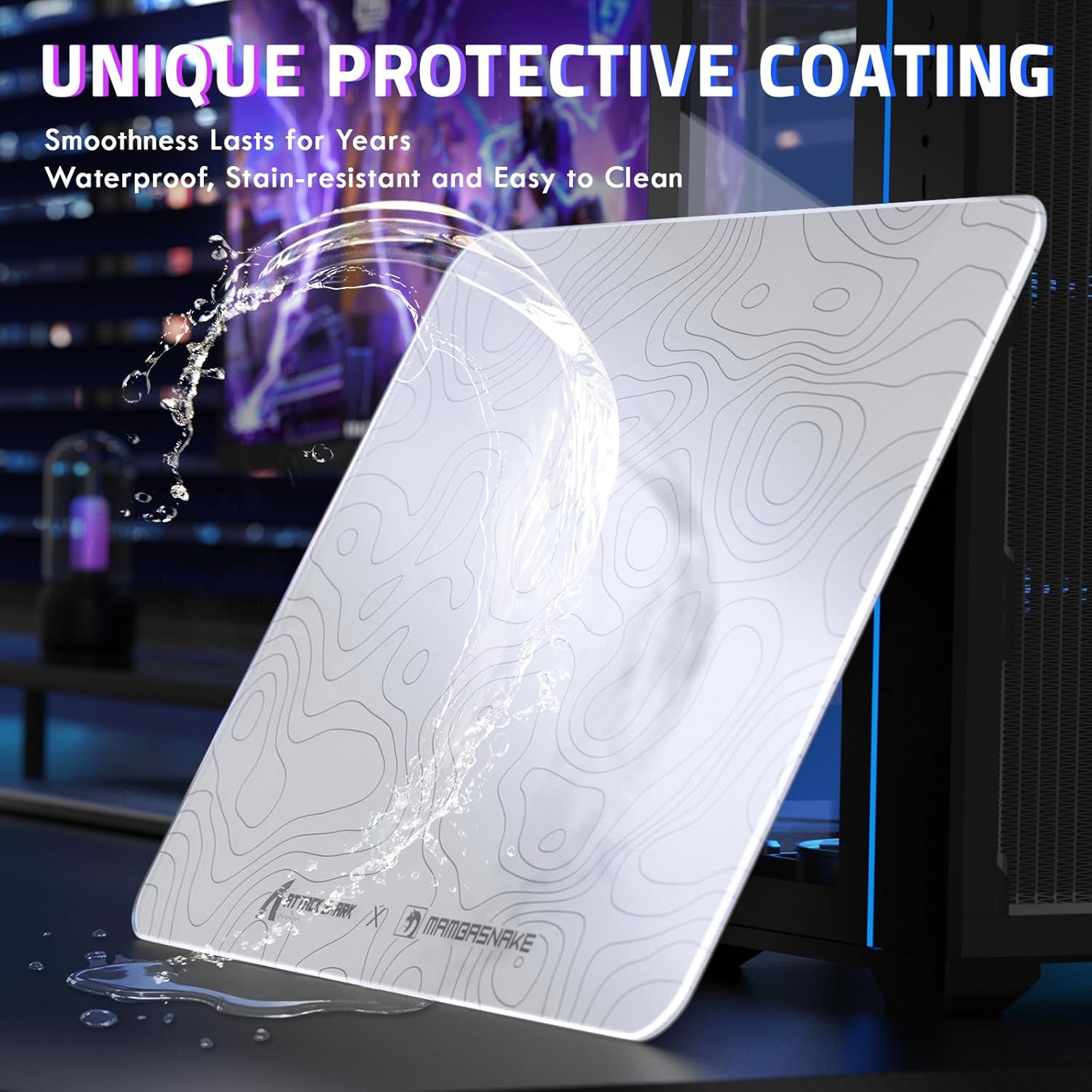 ATTACK SHARK CM05SE Glass Gaming Mouse Pad, White Topographic Hard Mousepads for Gaming, Professional Large Mouse Mat 410mm*310mm*5mm, Nano-Textured Glass Surface with Improved Precision and Speed