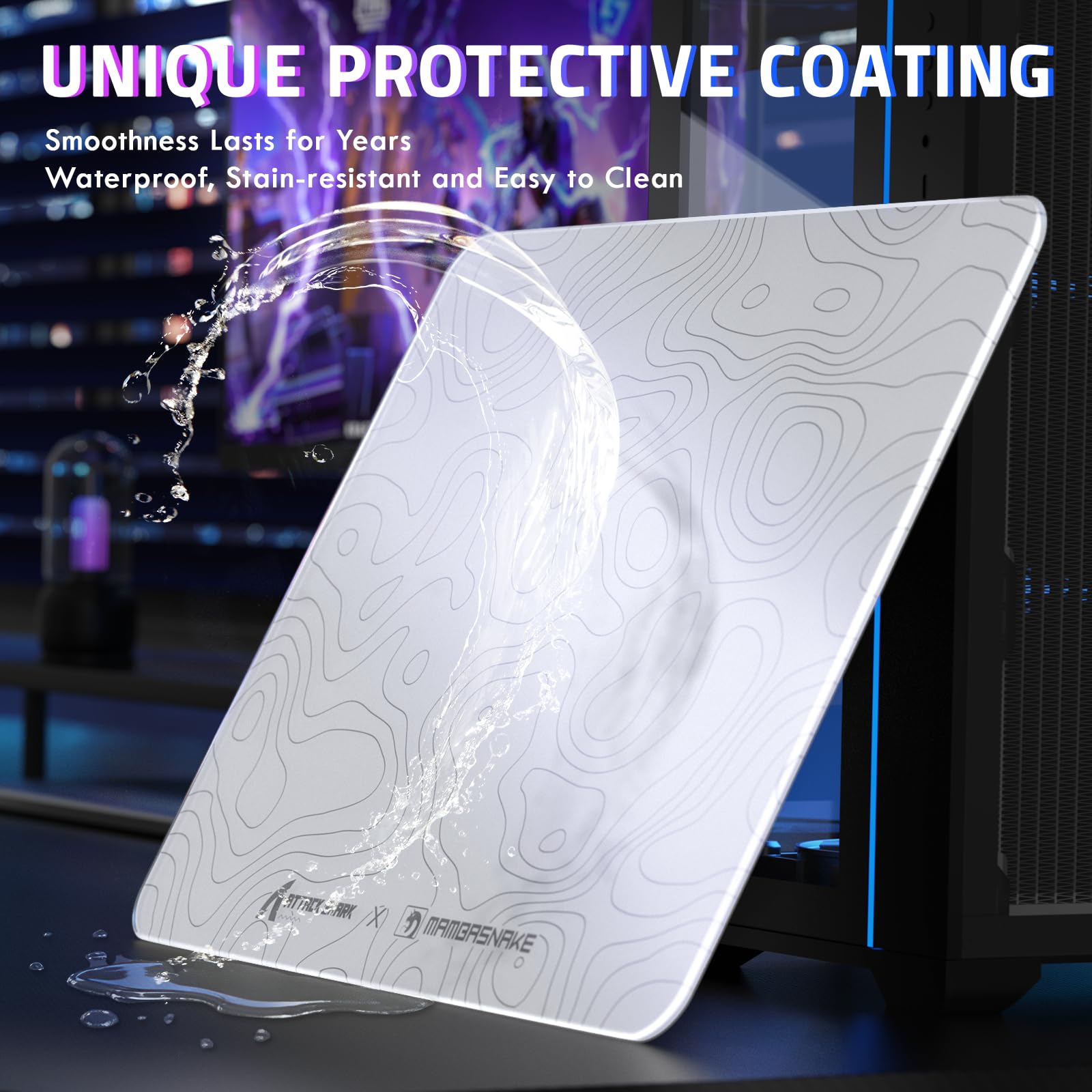 ATTACK SHARK CM05SE Glas-Gaming-Mauspad, 41 x 31 x 0,5 cm, rutschfestes 9H-Hart-Mauspad, Nano-Texturierte Glasoberfläche mit verbesserter Präzision und Geschwindigkeit für FPS-Spieler, weiße Kontur