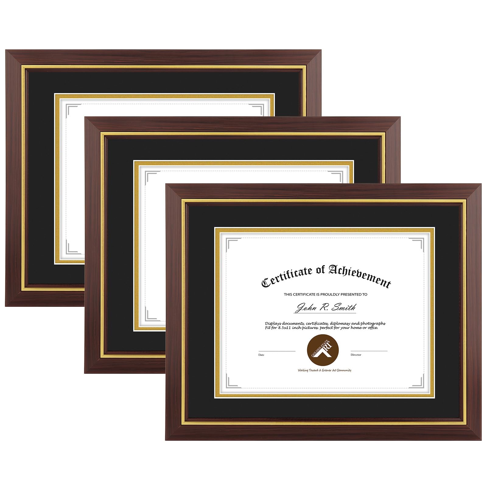 11x14 Diploma Frame Brown Gold Trim Fit 8.5x11 with Black W Gold Double Mat