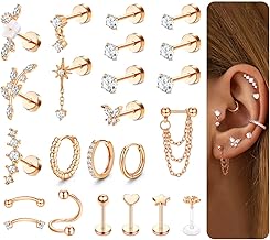 Adramata Helix Piercings Surgical Steel Earrings Piercing Set Medical Stud Earrings Helix Ring Cartilage Earrings for Women Gold-Plated Silver Conch Rook Tragus Piercing Ear Jewellery 23 Pieces